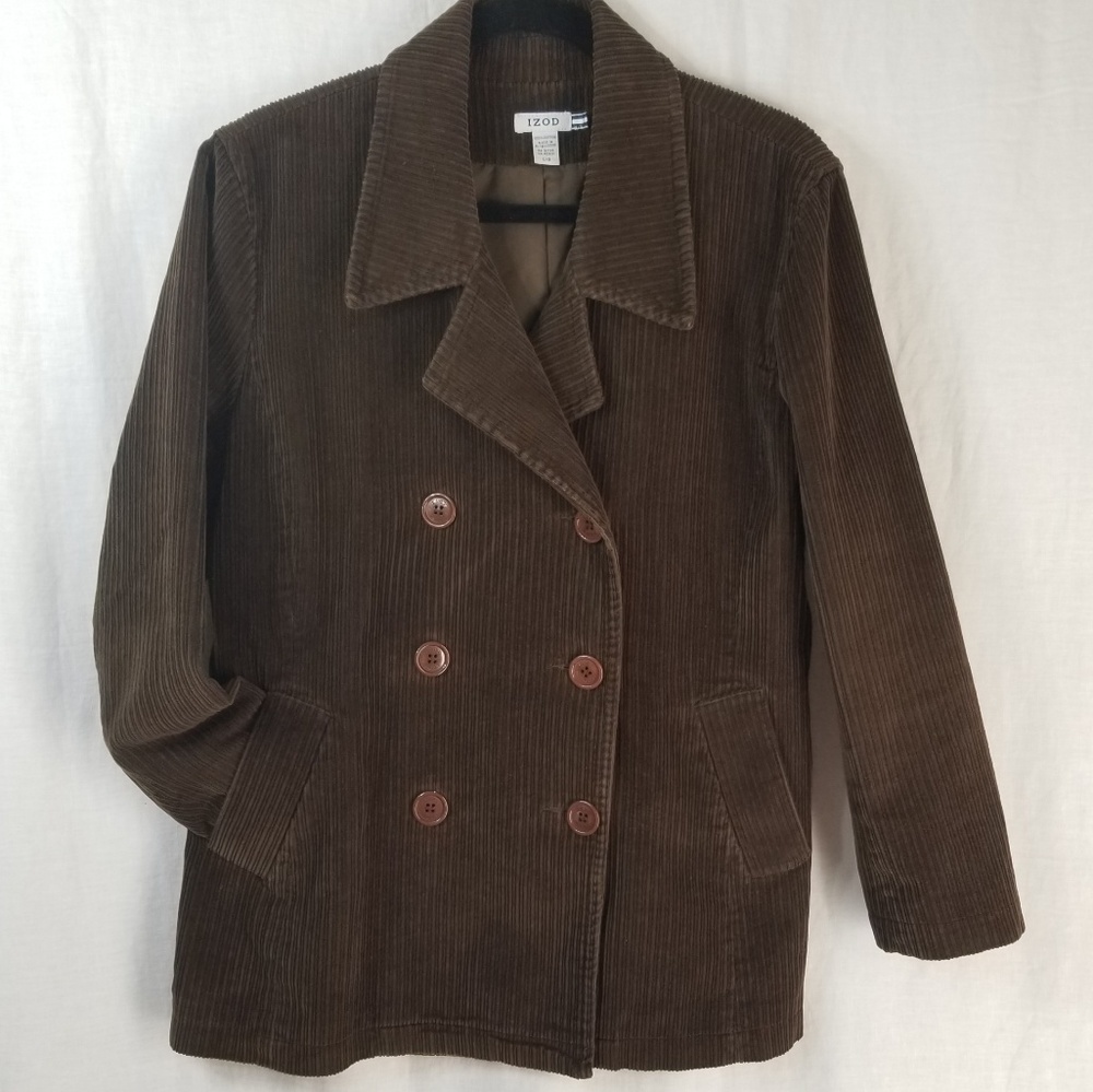 Izod Brown Corduroy Pea Coat Jacket, Sz L
